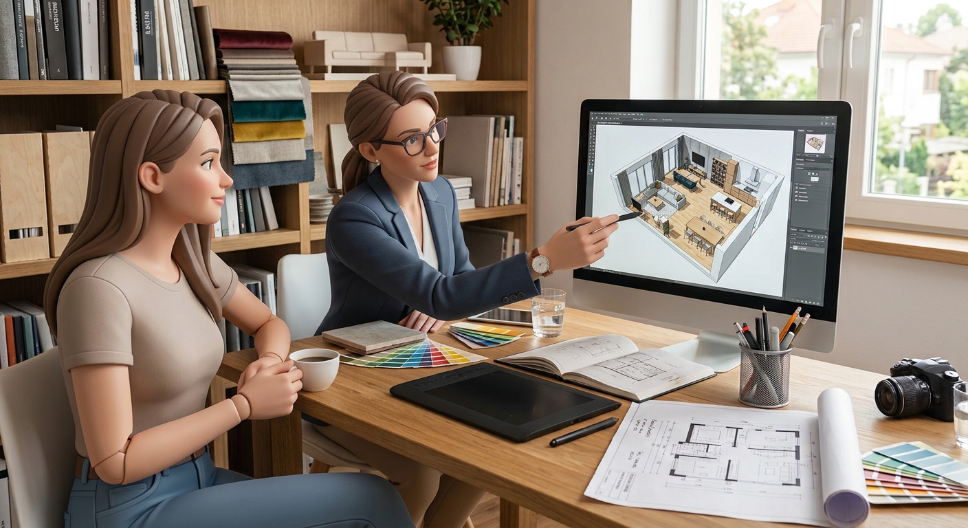 Un'architetto e una cliente consultano un progetto d'arredo 3D per la casa sullo schermo di un computer in uno studio.